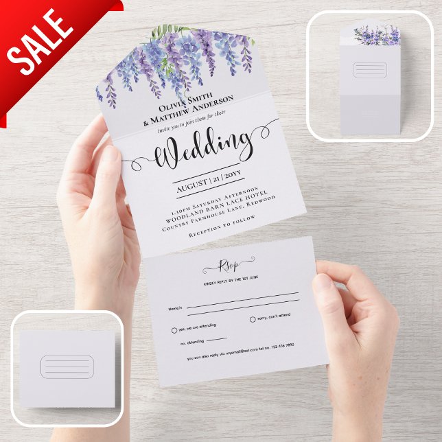 All Inclusive Purple Wisteria Floral Wedding RSVP All In One Invitation (Creator Uploaded)