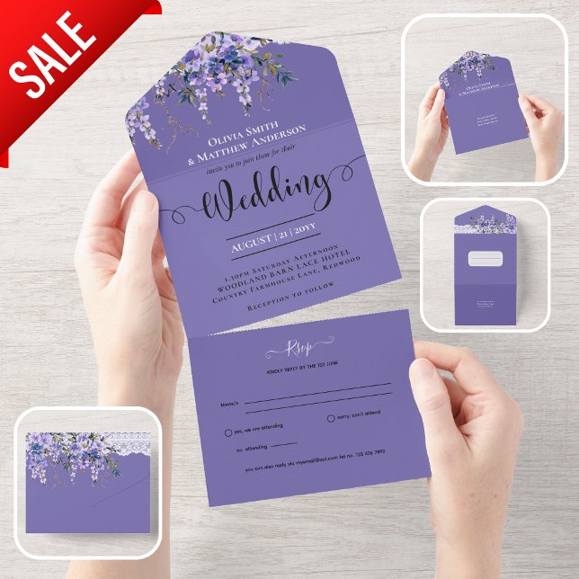 All Inclusive Purple Wisteria Flowers Wedding RSVP In One Invitation (Creator Uploaded)