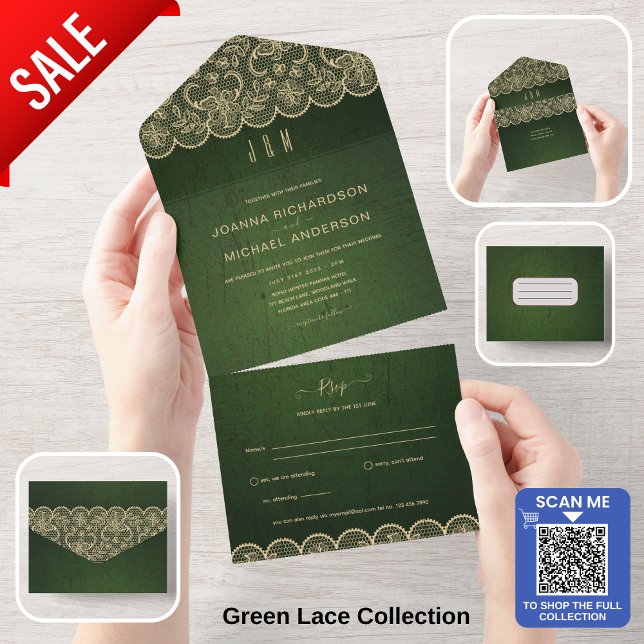 All Inclusive Rustic Green Lace Wedding with RSVP All In One Invitation (Creator Uploaded)