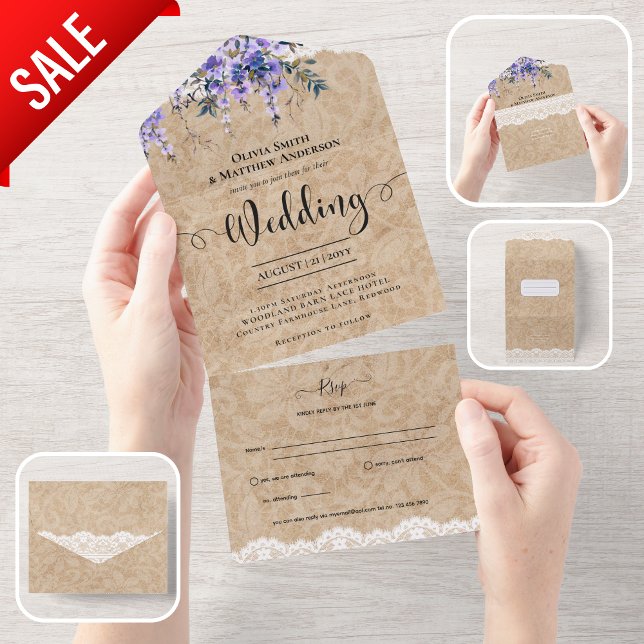 All Inclusive Rustic Purple Wisteria Lace Wedding All In One Invitation (Creator Uploaded)