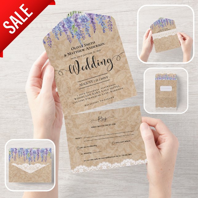 All Inclusive Rustic Wisteria Floral Lace Wedding All In One Invitation (Creator Uploaded)