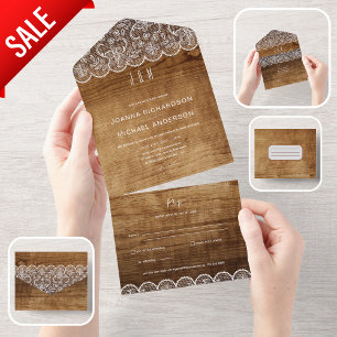 All Inclusive Rustic Wood Lace Wedding with RSVP All In One Invitation