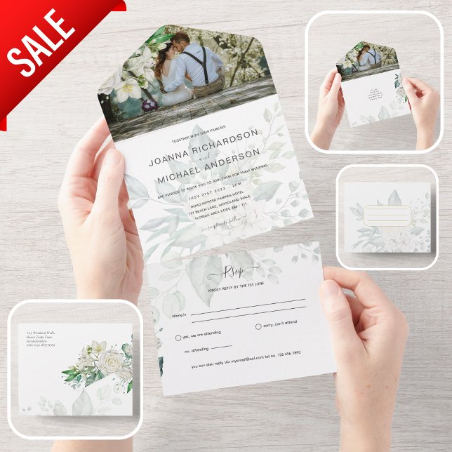All Inclusive White Roses Tear off RSVP Wedding In One Invitation (Creator Uploaded)
