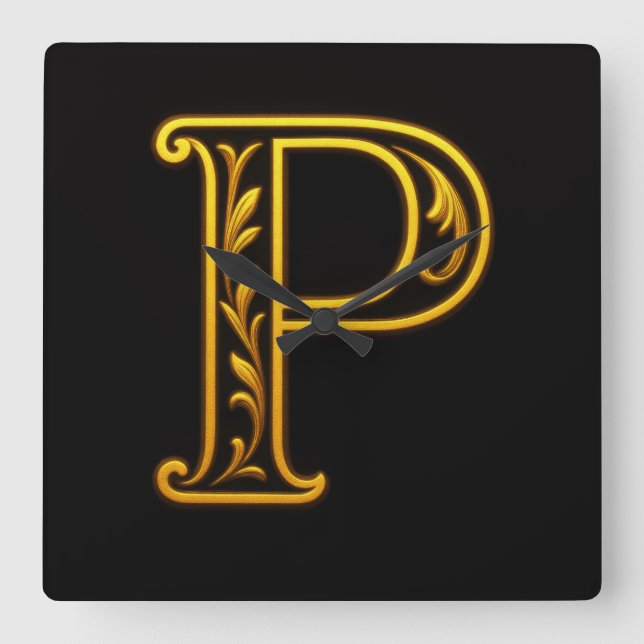 ALL INITIALS Black and Gold Floral Flourished Square Wall Clock (Front)