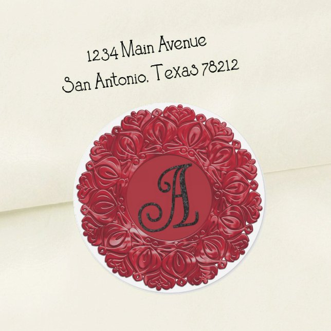 ALL INITIALS Black Monogram 3 Filigree Edge Red Classic Round Sticker (Creator Uploaded)