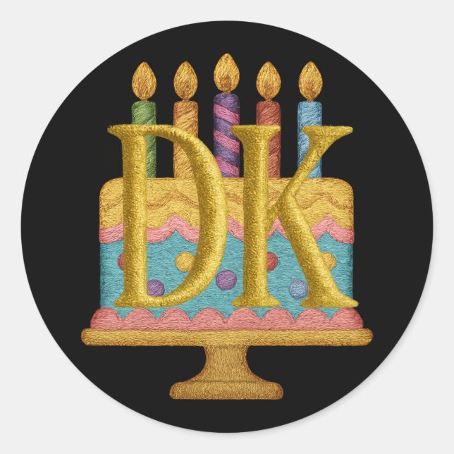 ALL INITIALS Embroidery Look Birthday Cake Classic Round Sticker (Front)