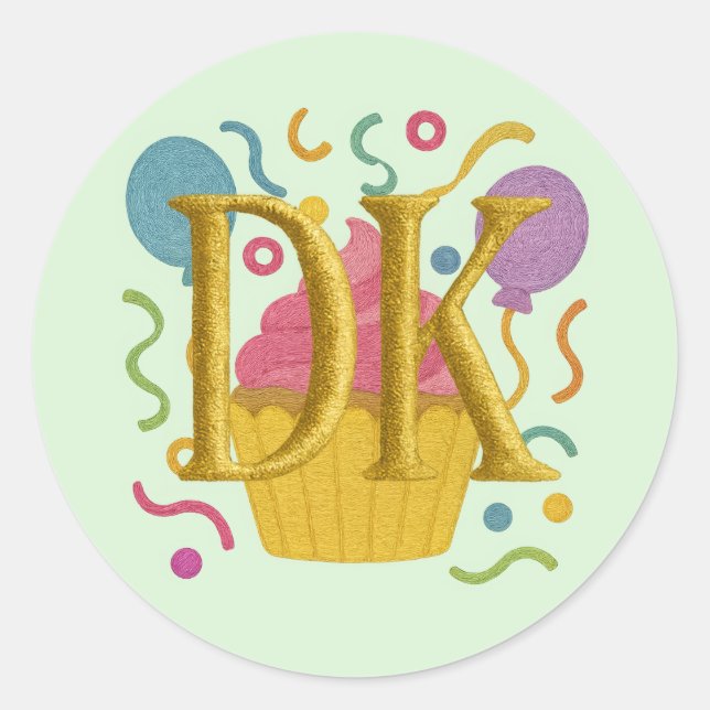 ALL INITIALS Embroidery Look Birthday Cupcake Classic Round Sticker (Front)