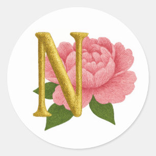 ALL INITIALS Embroidery Look Pink Peony Any Color Classic Round Sticker