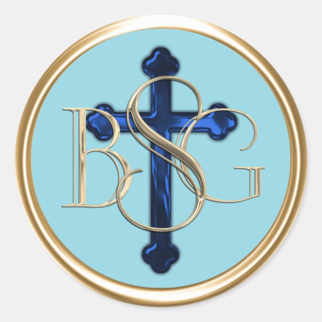 ALL INITIALS Gold 3 Monogram Blue Cross Classic Round Sticker (Front)