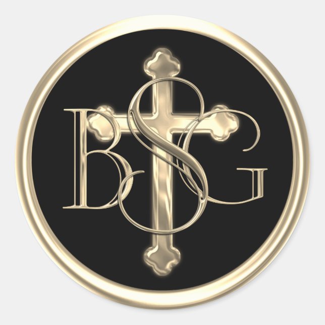 ALL INITIALS Gold 3 Monogram Gold Cross Classic Round Sticker (Front)