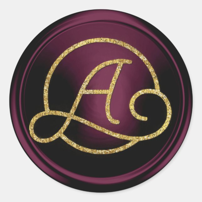 ALL INITIALS Gold Circle Monogram Dark Plum Classic Round Sticker (Front)