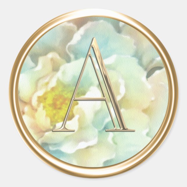 ALL INITIALS Gold Monogram Aqua Peony Classic Round Sticker (Front)