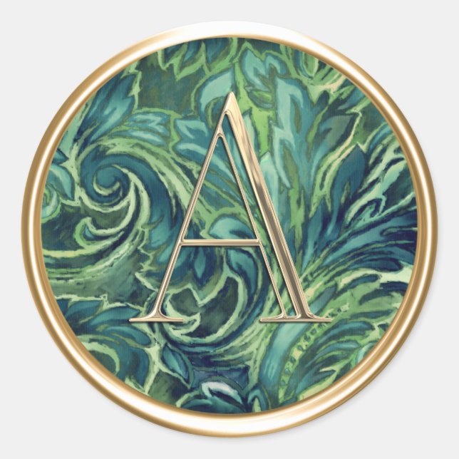 ALL INITIALS Gold Monogram Blue and Green Damask Classic Round Sticker (Front)