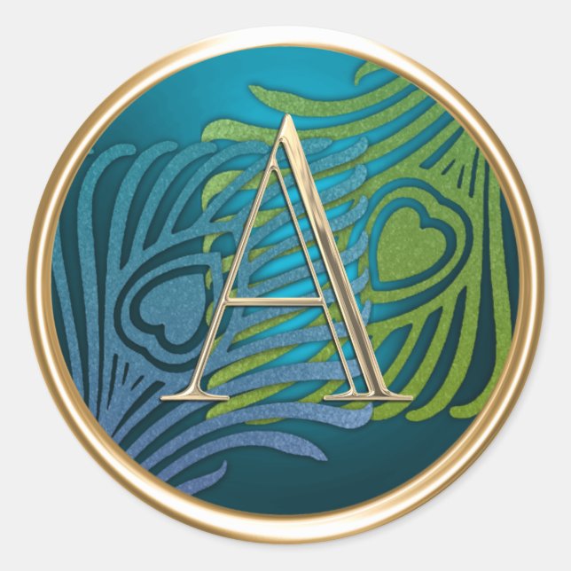 ALL INITIALS Gold Monogram Blue and Green Peacock Classic Round Sticker (Front)