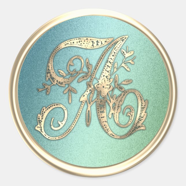All Initials Gold Monogram Blue Green Classic Round Sticker (Front)