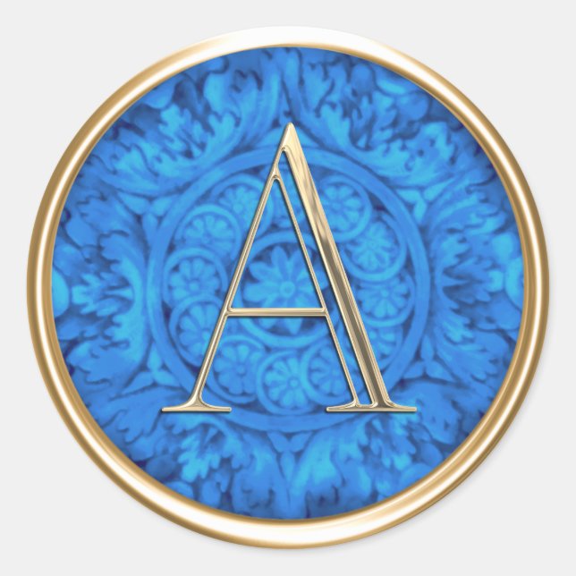 ALL INITIALS Gold Monogram Blue Ornate Classic Round Sticker (Front)
