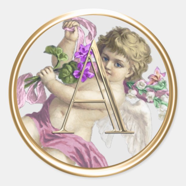 ALL INITIALS Gold Monogram Cherub Dusty Rose Pink Classic Round Sticker (Front)