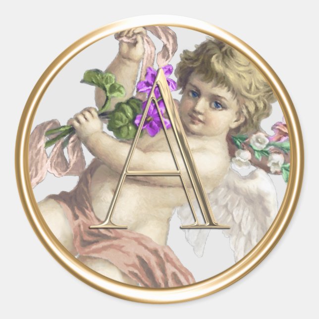 ALL INITIALS Gold Monogram Cherub Rose Peach Classic Round Sticker (Front)