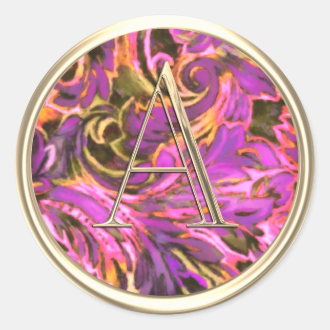 ALL INITIALS Gold Monogram Colourful Pink Damask Classic Round Sticker (Front)
