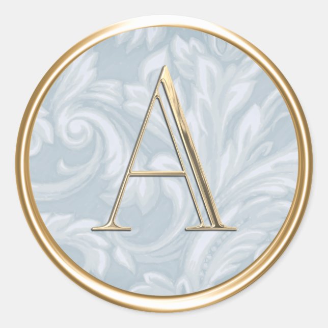 ALL INITIALS Gold Monogram Dusty Blue Acanthus Classic Round Sticker (Front)