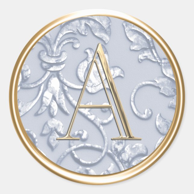 ALL INITIALS Gold Monogram Dusty Blue Faux Raised Classic Round Sticker (Front)