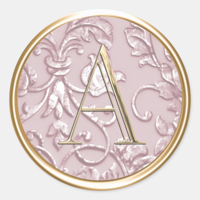 ALL INITIALS Gold Monogram Dusty Rose Pink Damask Classic Round Sticker (Front)