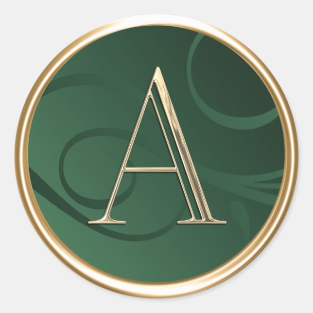 ALL INITIALS Gold Monogram Emerald Green Swirls Classic Round Sticker (Front)