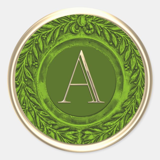 ALL INITIALS Gold Monogram Green Laurel Wreath Classic Round Sticker (Front)