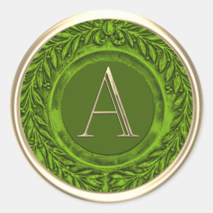 ALL INITIALS Gold Monogram Green Laurel Wreath Classic Round Sticker