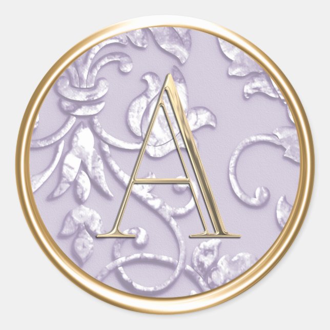 ALL INITIALS Gold Monogram Lavender Purple Damask Classic Round Sticker (Front)