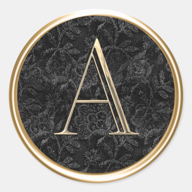 ALL INITIALS Gold Monogram on Black Lace Classic Round Sticker (Front)