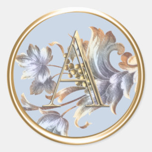 ALL INITIALS Gold Monogram on Blue Acanthus Classic Round Sticker