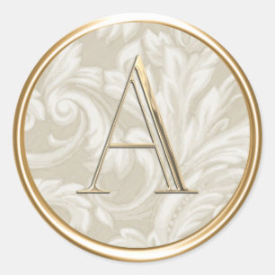 ALL INITIALS Gold Monogram on Champagne Damask Classic Round Sticker