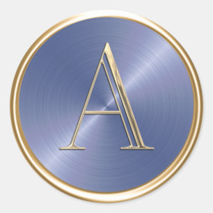ALL INITIALS Gold Monogram on Dusty Blue Sheen Classic Round Sticker