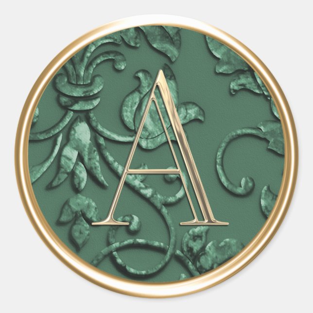 ALL INITIALS Gold Monogram on Emerald Green Damask Classic Round Sticker (Front)
