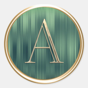 ALL INITIALS  Gold Monogram on Emerald Stripe Classic Round Sticker