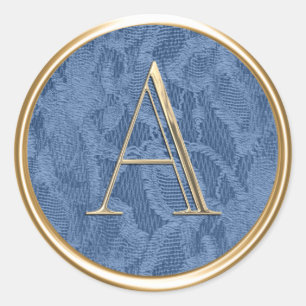ALL INITIALS Gold Monogram on Medium Blue Lace Classic Round Sticker