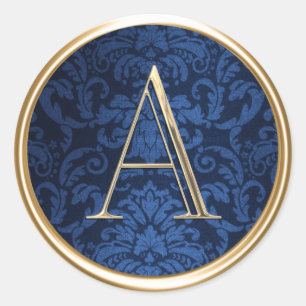 ALL INITIALS Gold Monogram on Navy Blue Damask Classic Round Sticker