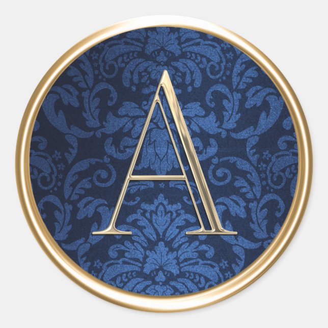 ALL INITIALS Gold Monogram on Navy Blue Damask Classic Round Sticker (Front)