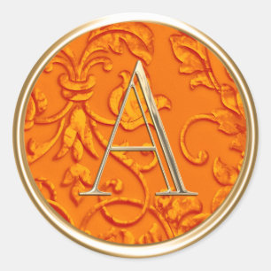 ALL INITIALS Gold Monogram on Orange Damask Classic Round Sticker