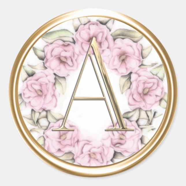 ALL INITIALS Gold Monogram on Pink Peonies Classic Round Sticker (Front)