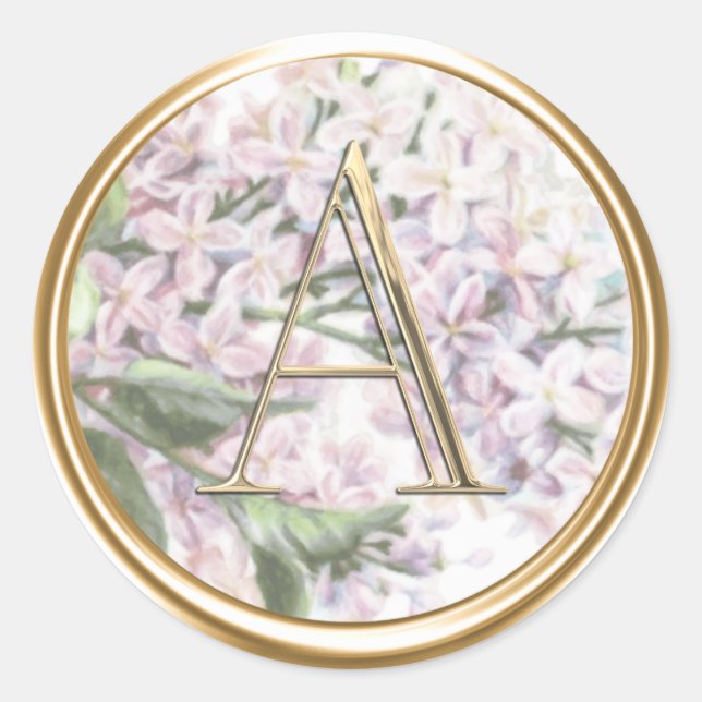 ALL INITIALS Gold Monogram on Pink Purple Lilacs Classic Round Sticker (Front)