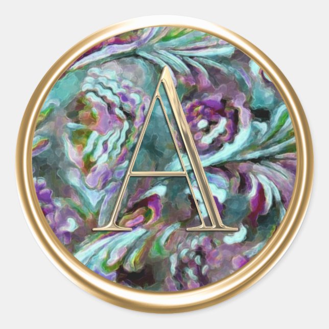 ALL INITIALS Gold Monogram on Purple Green Damask Classic Round Sticker (Front)