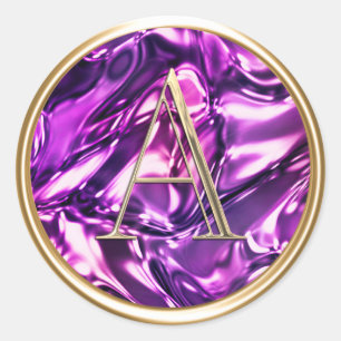 ALL INITIALS Gold Monogram on Purple Wavy Classic Round Sticker