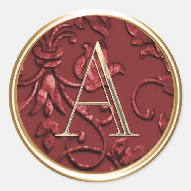 ALL INITIALS Gold Monogram on Red Damask Classic Round Sticker (Front)