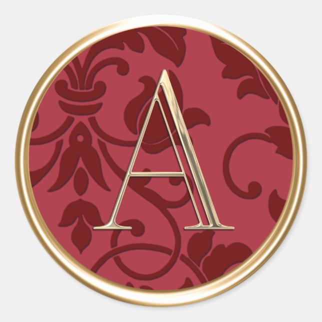 ALL INITIALS Gold Monogram on Red Damask Classic Round Sticker (Front)