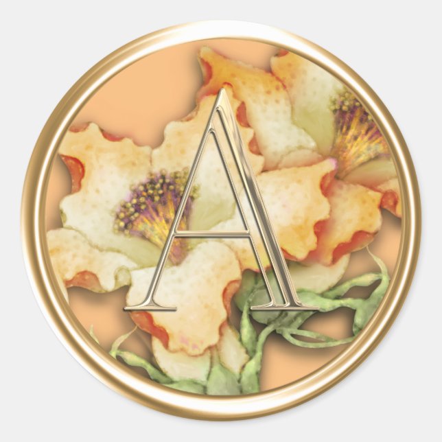 ALL INITIALS Gold Monogram Orange Lillies Classic Round Sticker (Front)