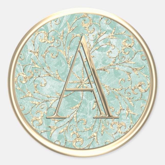 ALL INITIALS Gold Monogram Ornate Mint Green Classic Round Sticker (Front)