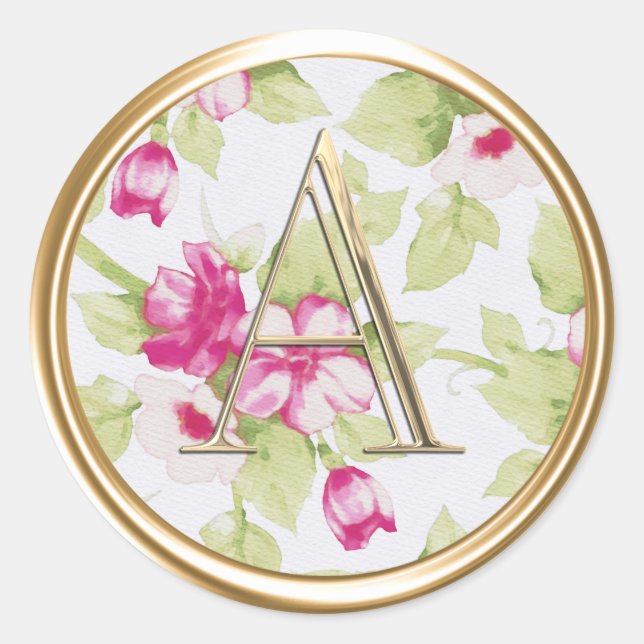 ALL INITIALS Gold Monogram Pink Floral  Classic Round Sticker (Front)