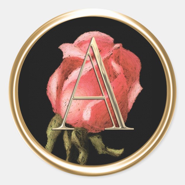 ALL INITIALS Gold Monogram Pink Rose  Black Classic Round Sticker (Front)